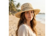 Wide Brim Crochet Toyo Straw Accent w/ Beaded Band - Natural - HT-8202NT